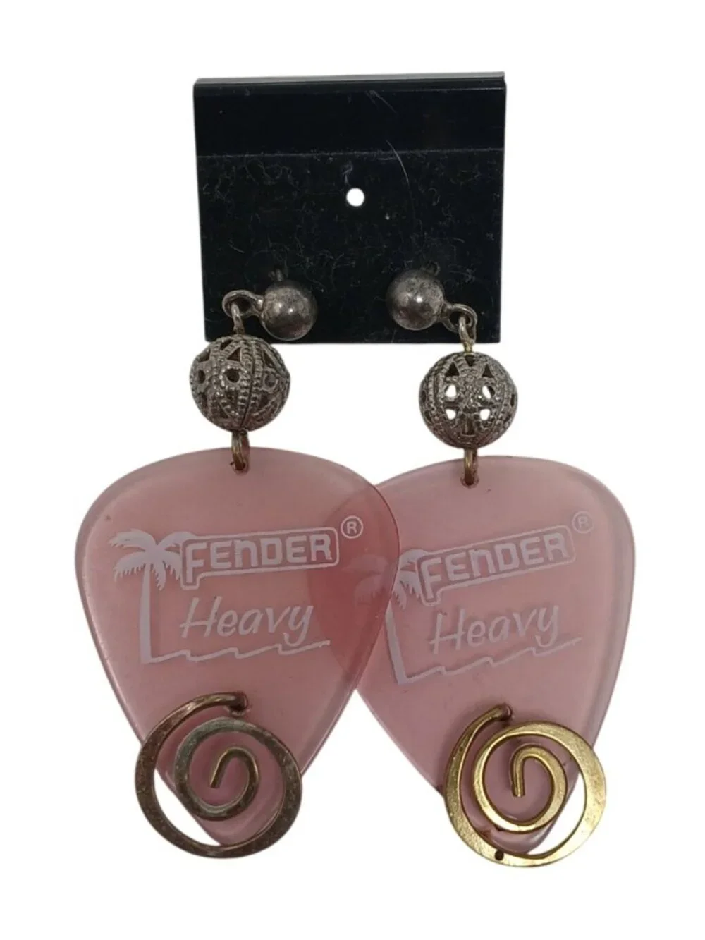 Fender Pink Heavy Guitar Pick Earrings SilverTone Bead Swirl Music Guitar #J1-Dp